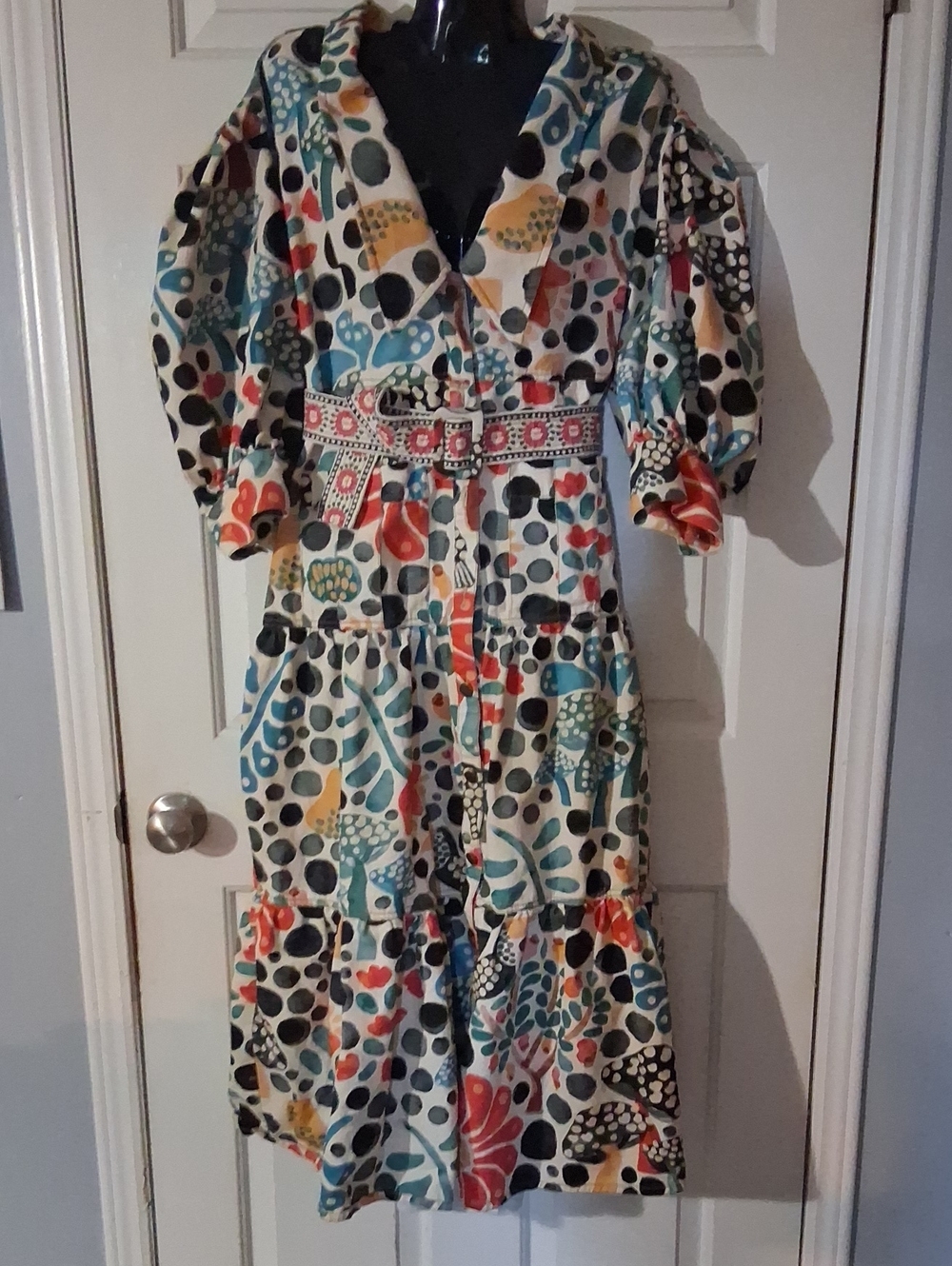FARM Rio Multicolor Printed Tiered Midi Dress with Puff Sleeves